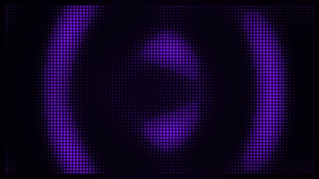 Abstract purple dotted halftone pattern background with glowing neon circles sound wave design and dark futuristic style