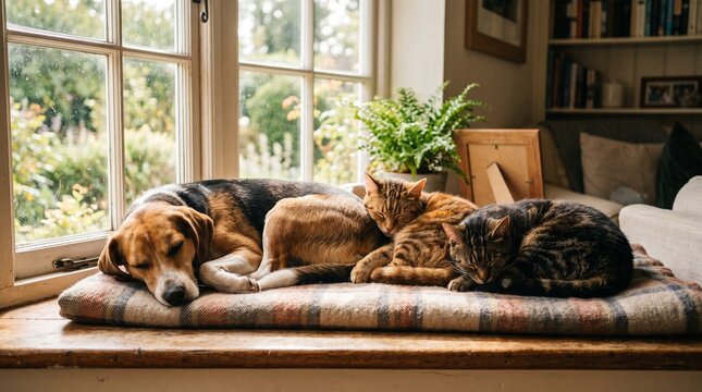 dog and cat sleeping on a sofa
