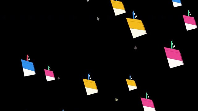 Simple colorful sailboats on black background loop animation, bright nautical elements, summer sea voyage