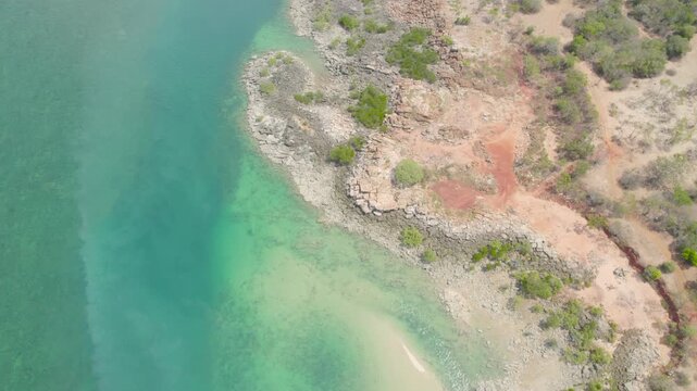 Aerial View of Turquoise Coastline and Red Sand Cliffs