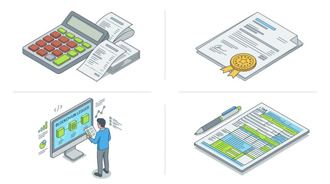 Isometric financial auditing and tax reporting icons set