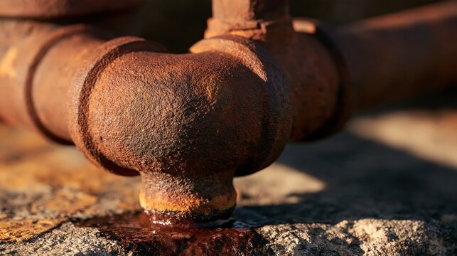 Rusted metal pipe valve covered in rust and corrosion sits on sandy ground with warm sunlight casting shadows. Industrial infrastructure showing age and weathering.