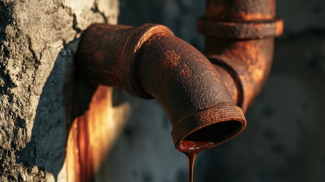 Corroded metal pipe drips rust-colored liquid against a weathered concrete wall, illuminated by warm golden sunlight. The deteriorated industrial fixture shows signs of oxidation and age.