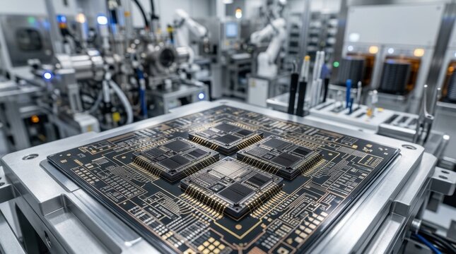 Semiconductor microchips on a production line in a modern electronics factory
