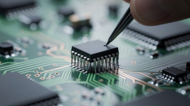 A close-up image showing a hand using a tool to manipulate a microchip on a green printed circuit board.