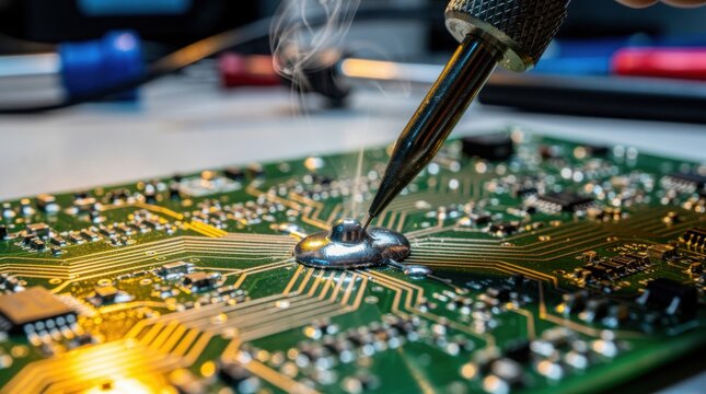 A soldering iron melts solder onto a circuit board, connecting electronic components with precise, glowing heat in a close-up view.