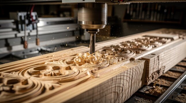 A CNC machine carves intricate floral and geometric patterns into a wooden plank, producing delicate wood shavings during the process.