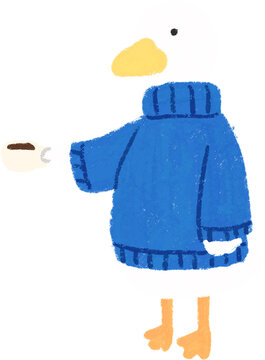 커피잔을 든 오리 캐릭터 일러스트 손그림