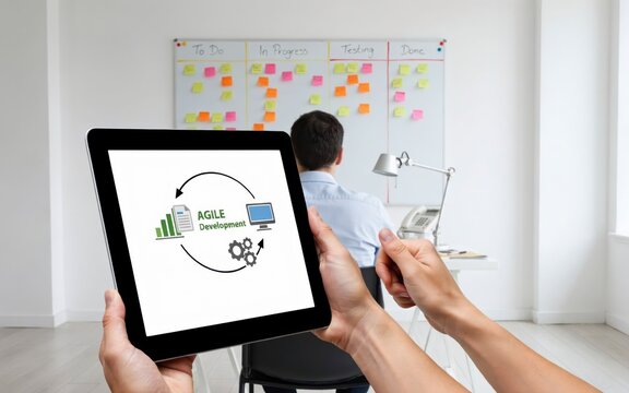 Agile software development methodology. Businessman using digital tablet computer