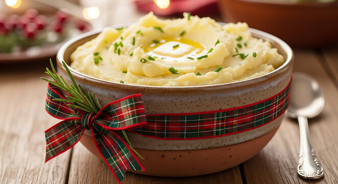 Bowl of creamy mashed potatoes decorated with a plaid ribbon on a wooden table