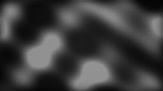 Monochrome halftone dot pattern with gradient texture and abstract wave motion effect on black background