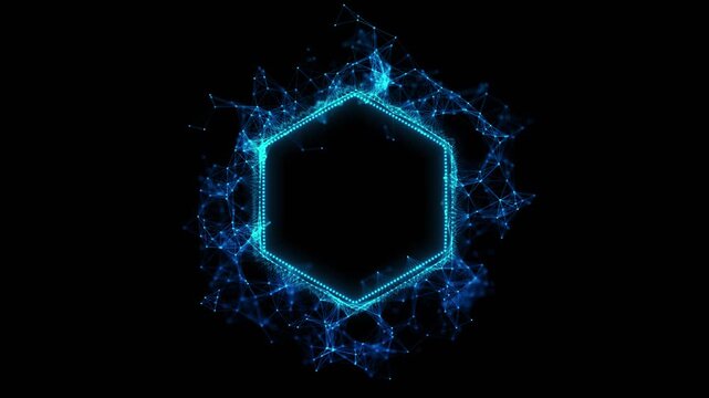 Futuristic blue polygon network empty hexagonal center glowing nodes particle connections, AI technology, digital interfaces, logo reveals, cyber visuals, science presentations modern backgrounds.