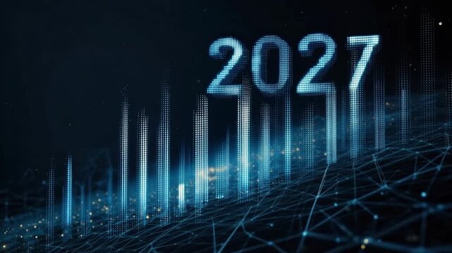 Futuristic digital data visualization of the year 2027, rendered with glowing blue lines and a complex network of interconnected points. ..Created with Generative AI, not depicting real subjects.