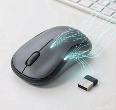 Wireless computer mouse transferring digital data with glowing binary code