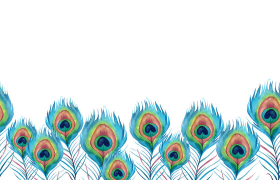 Peacock feathers in bright blue color on white background. Watercolor illustration hand painted. Seamless border for holiday card, design for Diwali, Janmashtami festival. Clipart for printing