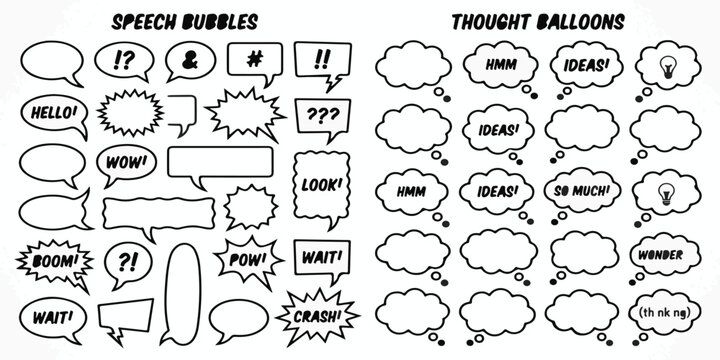 Black and white comic book speech bubbles and thought balloons collection with hand drawn sound effect white background line art collection dialogue communication explosion template isolated