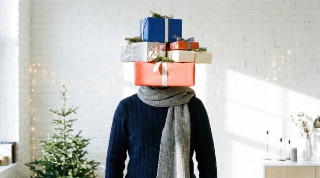 Gifted Burden: A person, draped in a cozy scarf, stands amidst festive holiday decorations with a precarious stack of wrapped gifts covering their head.