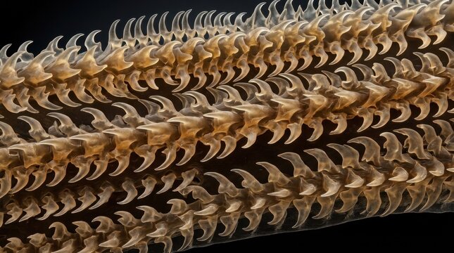 Microscopic view of a snail radula showing rows of chitinous teeth