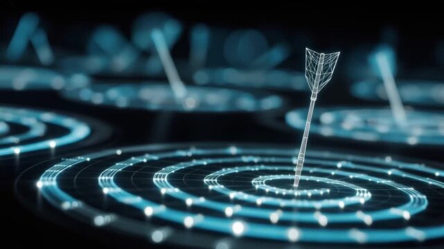A digital arrow embedded in the bullseye of a glowing blue target, symbolizing focus, precision. ..Created with Generative AI, not depicting real subjects.