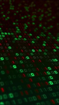 Red binary digits move digital field, computer code, cybersecurity, encryption, hacking, data transfer, programming, malware threats, network activity, software systems modern information technology.