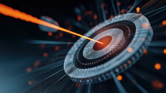 A digital target with a glowing laser beam striking the bullseye symbolizes precision, technology, and aiming for success in the digital age. ..Created with Generative AI, not depicting real subjects.