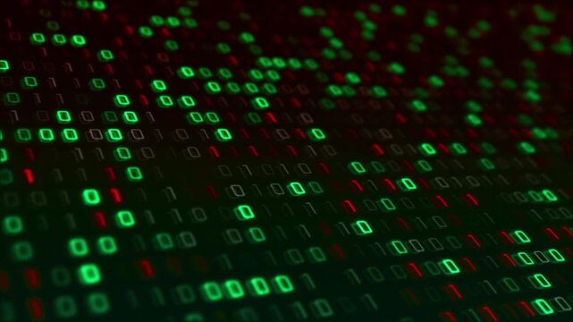 Colorful binary code in red dramatic cyber data security, programming, encryption, hacking, digital threats, software development, network systems, computer processing technology visualizations.
