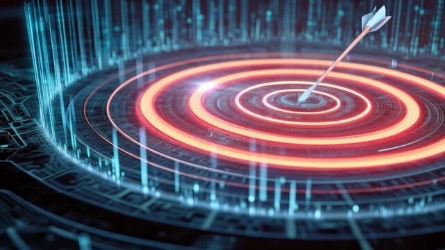 A digital abstract visualization of a target with an arrow hitting the bullseye, surrounded by glowing technological circuitry. ..Created with Generative AI, not depicting real subjects.