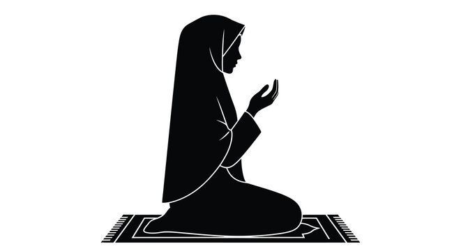 Praying woman in hijab on rug black silhouette