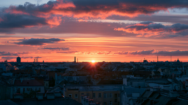 City Rooftops Glowing Under A Dramatic Layered Sunset Sky, Bright Airy Natural Light, Shot On 50mm Lens, Natural Perspective, High-Contrast Tones, Photorealistic, Ultra-Detailed