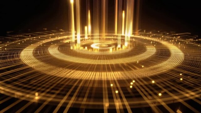 An abstract golden technological vortex pulses with energy, radiating intricate geometric patterns and glowing lights in a futuristic. ..Created with Generative AI, not depicting real subjects.