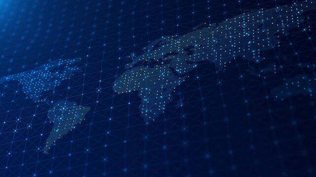 Futuristic digital world map data points network links global information exchange, international trade, telecom, cloud computing, analytics, logistics, digital infrastructure worldwide communication.
