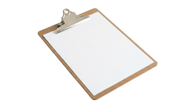 Wooden clipboard with blank white paper sheet and silver metal clamp at isometric angle.