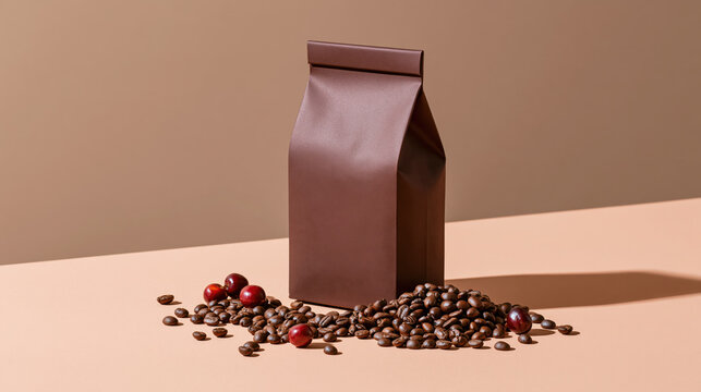 Premium coffee packaging brown paper bag coffee bean coffee cherry minimal design product display roasted coffee specialty coffee modern still life cafe style packaging with scattered beans