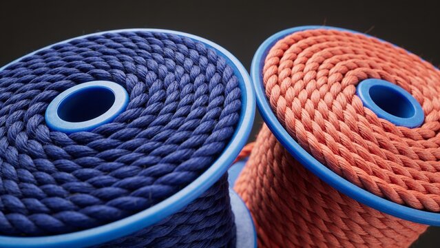 Close Up of Blue and Orange Braided Textile Rope Coils on Plastic Reels