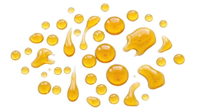 Honey drops and splatters collection on transparent background.