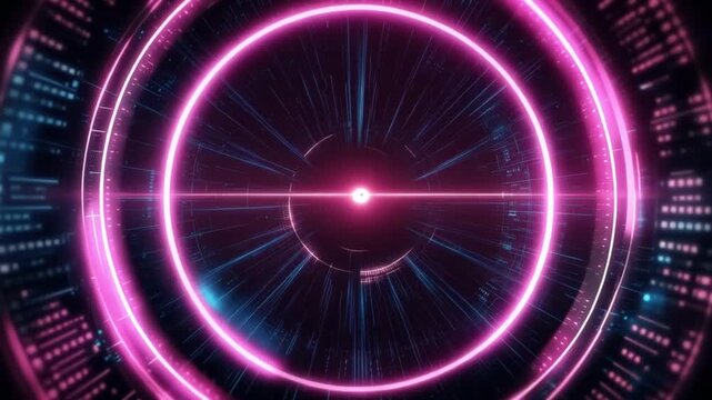 Abstract neon pink and blue futuristic circular pattern with data streams and glowing light. ..Created with Generative AI, not depicting real subjects.