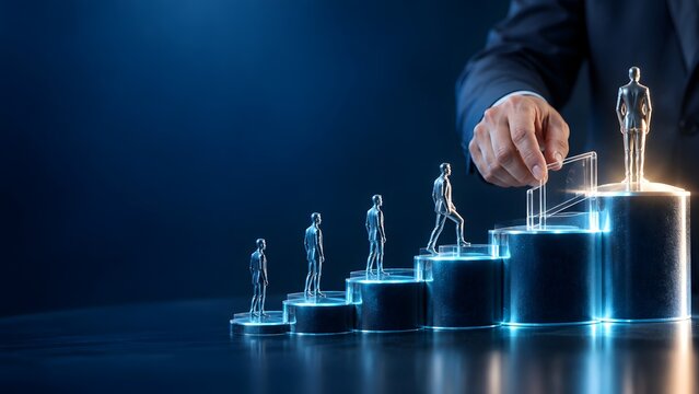 Businessman s hand places final step on glowing staircase leading miniature figures to success and achievement in career growth.