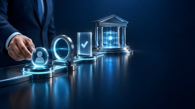 Businessman s hand places digital user icon into futuristic workflow leading to bank building with glowing cube symbolizing digital finance and online