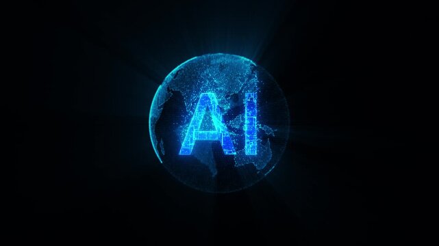 Futuristic blue globe surrounds AI typography particle detail, global artificial intelligence, smart automation, data analysis, neural computing, connected services advanced digital transformation.