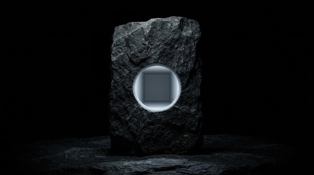 Textured dark stone monolith with a glowing circular opening in center