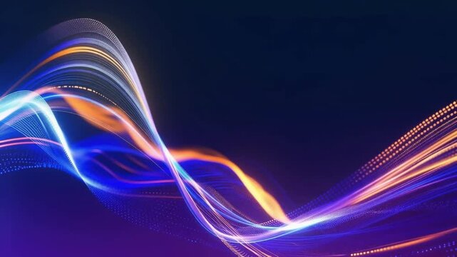 Abstract light streaks in vibrant blue, purple, and orange hues dance across a dark backdrop, creating a dynamic and futuristic visual effect. Created with Generative AI, not depicting real subjects.