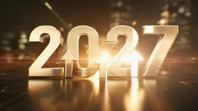 Golden digits of the year 2027, accented with upward arrows, gleam against a blurred backdrop of city lights. ..Created with Generative AI, not depicting real subjects.