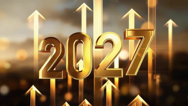 A golden, embossed 2027 stands tall amidst upward-pointing arrows, symbolizing growth and progress in the year ahead, with a soft. ..Created with Generative AI, not depicting real subjects.