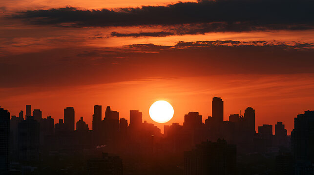 City Skyline Silhouette Glowing Orange During A Dramatic Sunset, Warm Tungsten Interior Light, Macro Lens, Fine Detail, High-Contrast Tones, Photorealistic, Ultra-Detailed