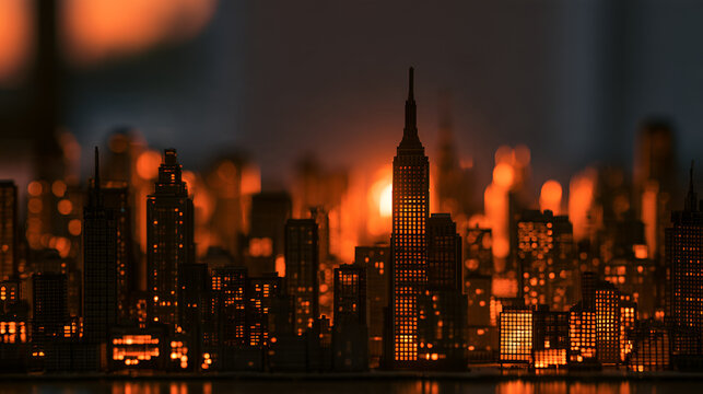 City Skyline Silhouette Glowing Orange During A Dramatic Sunset, Warm Tungsten Interior Light, Macro Lens, Fine Detail, High-Contrast Tones, Photorealistic, Ultra-Detailed