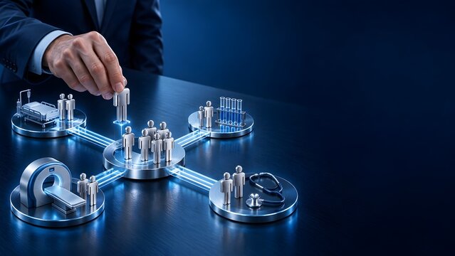 Healthcare network management concept Hand placing human icon into connected medical service system with MRI hospital bed test tubes and stethoscope