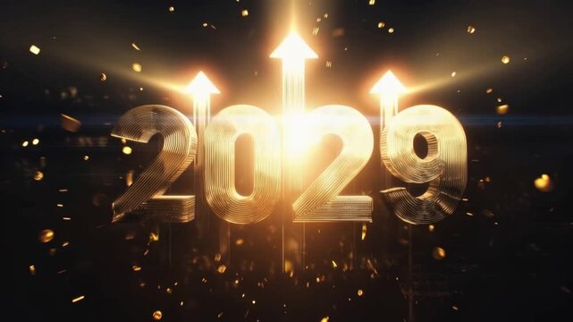A gleaming golden year 2029 superimposed with upward arrows symbolizing growth and success, set against a dark. ..Created with Generative AI, not depicting real subjects.