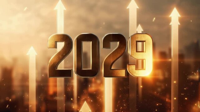 The year 2029 in golden 3D text is illuminated against a backdrop of rising arrows and a city skyline. ..Created with Generative AI, not depicting real subjects.