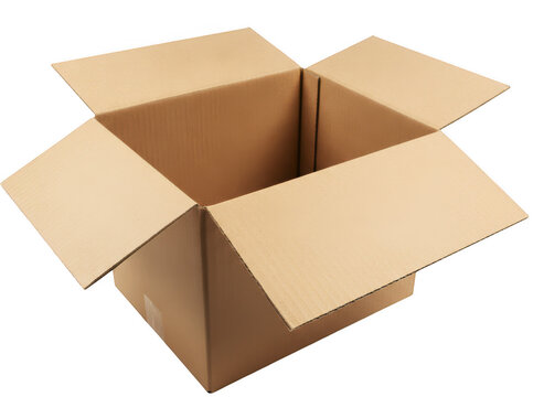 An empty open cardboard box made of brown corrugated paper with flaps extended isolated on a plain white background, for shipping isolated on a transparent background