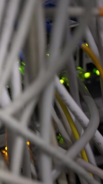 Vertical video. Close-up Ethernet cable on network switches light background Network internet cables data center. Fast servers and providers for internet connection. Fiber optic in server room.